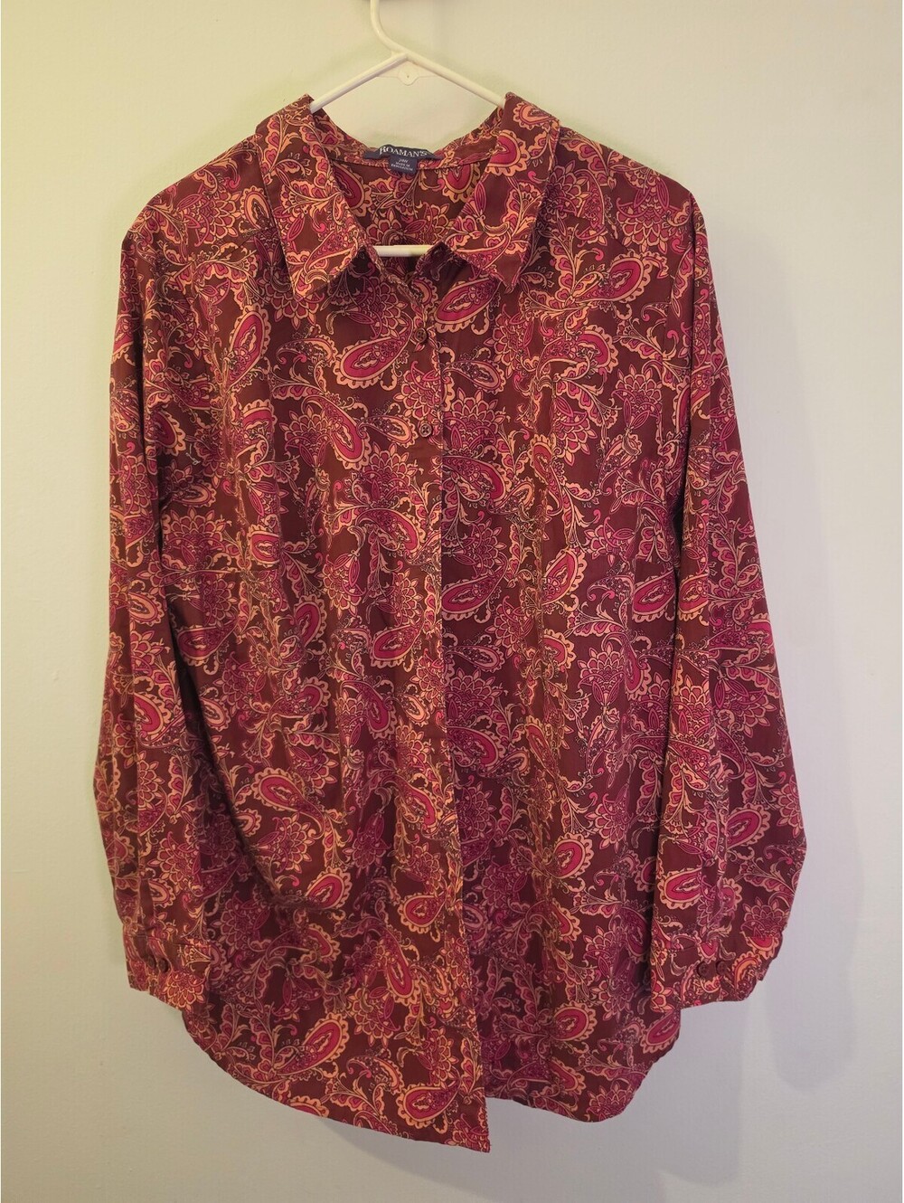 Roaman’s 24W Paisley Button Front Blouse Burgundy Pink Plus Size Long Sleeve